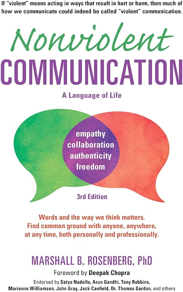 Book cover. Nonviolent communication - a language of life. Words and the way we think matters. Find common ground with anyone, anywhere, at any time, both personally and professionally. Marshall B. Rosenberg, PhD